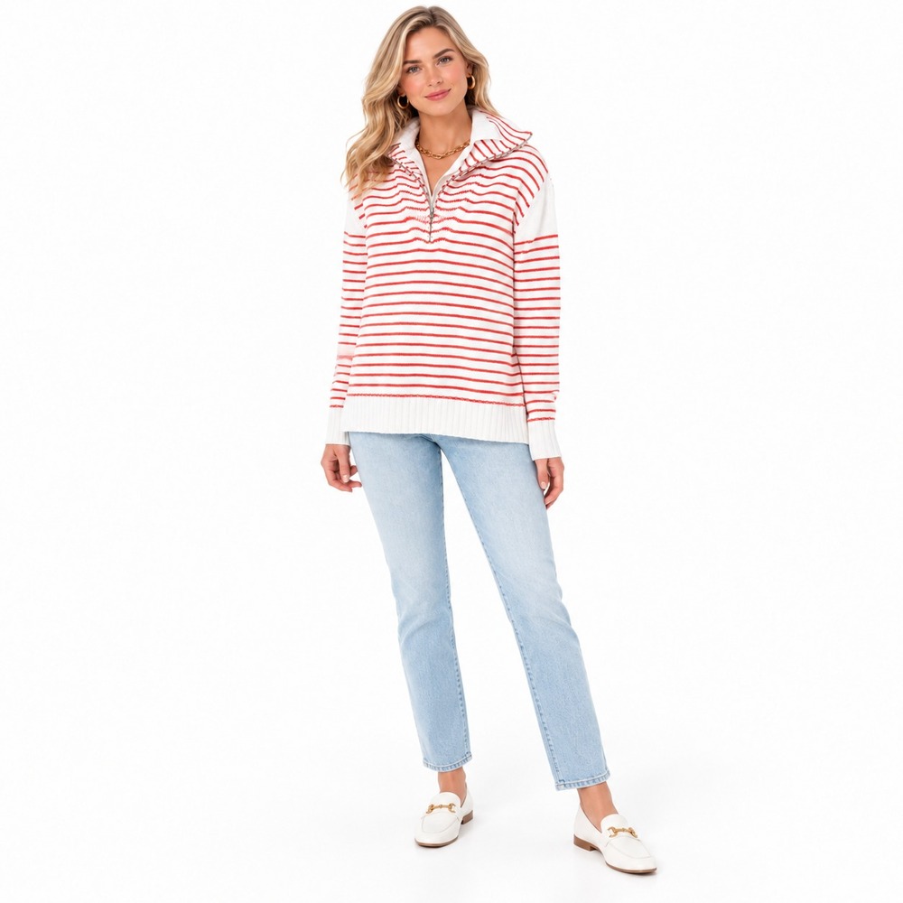 TUCKERNUCK Women's MEDIUM Collared Pullover Sweater Red White Striped